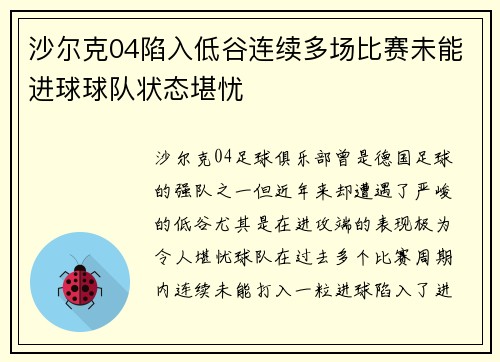 沙尔克04陷入低谷连续多场比赛未能进球球队状态堪忧